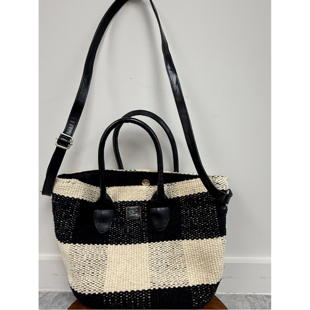 C&C California Black and Cream Striped Woven Tote with Adjustable Shoulder Strap - Picture 6 of 11